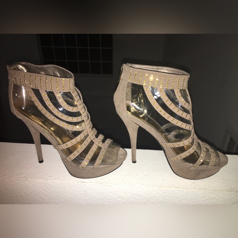 Studded Caged Beige Studded Heals Womens Size: 7 1/2